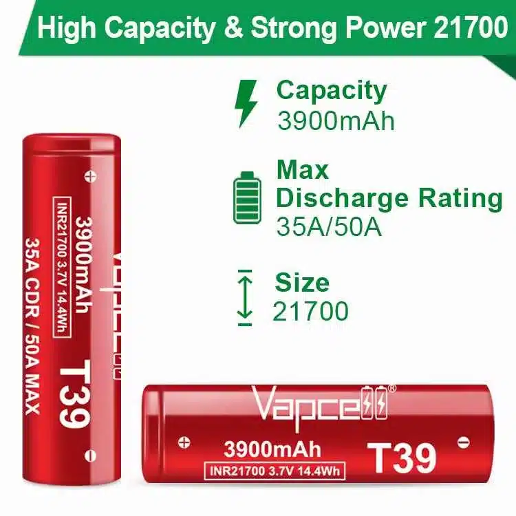 Vapcell T39 แดง 21700 3900mAh 35A/50A 4 ถ่าน 21700 vapcell t39 ความจุ 3900 mah ใช้งานได้ตลอดวัน
