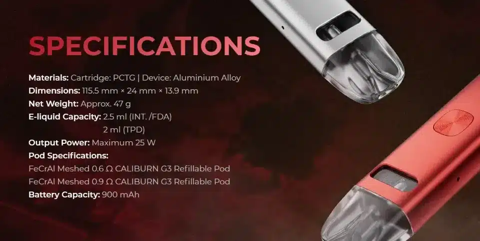 Uwell Caliburn G3 Pod Kit 8 สเปกต่างๆ ของพอต คาลิเบิร์น G3